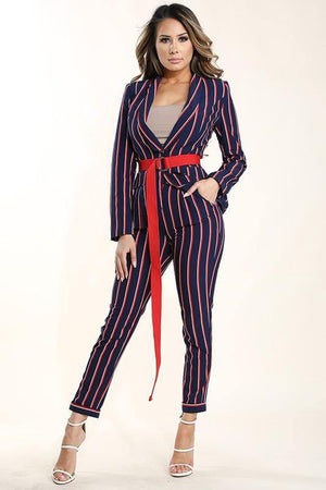 Greta, Belted blazer & Striped suit pants set - Dimesi Boutique