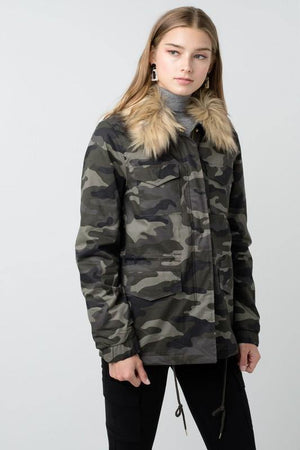 London, Camo Faux Fur Utility Anorak Jacket - Dimesi Boutique