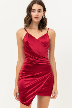 Holly, Burgundy V-Neck Satin Bodycon Wrap Mini Dress - Dimesi Boutique