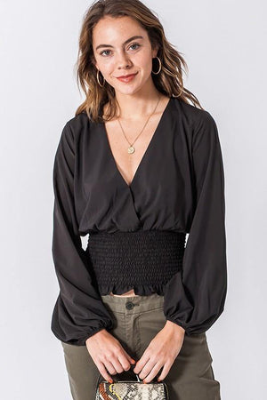 Valerie, Long sleeve shirred detail cross blouse