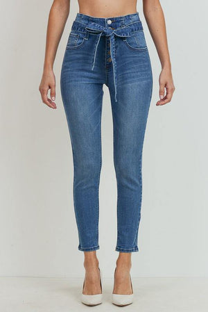 High rise button down skinny jeans with strap - Dimesi Boutique