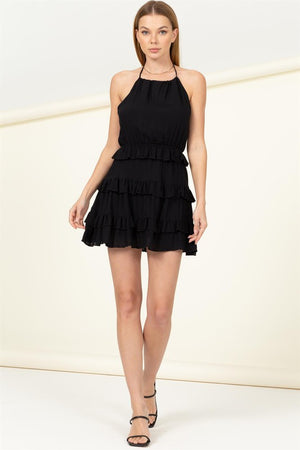 Sonia, Solid halter open back mini dress with ruffle tiered skirt and lining