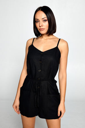 Camila, Sleeveless romper with tie waist and button down