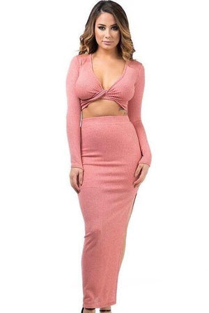 Kim, Salmon knitted set with cross front top and slit on long skirt - Dimesi Boutique