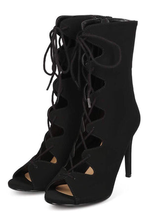Pudina nubuck black peep toe gladiator lace up heels - Dimesi Boutique