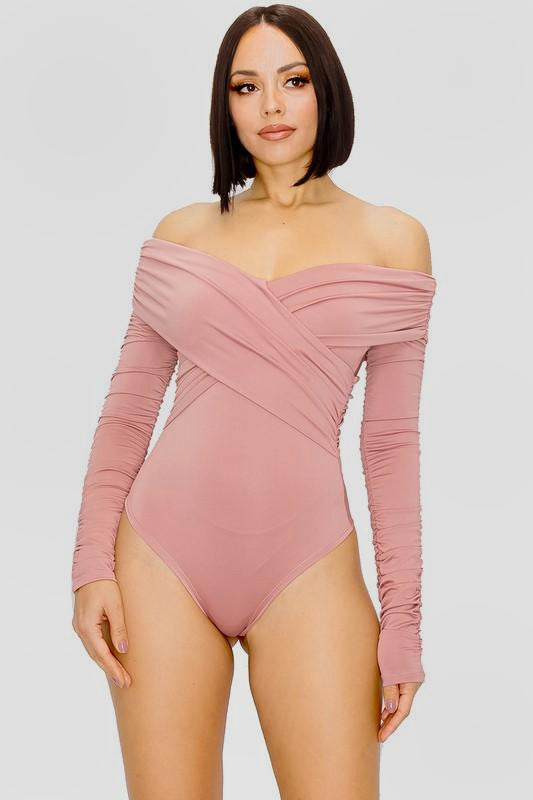 Kylie, Off shoulder satin cross wrap bodysuit