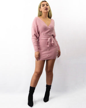 Wendy, Pink knitted dress with pearls - Dimesi Boutique