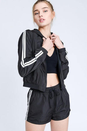Lola, 2 piece Black Set With Windbreaker Jacket and Double Line Side Track Shorts - Dimesi Boutique