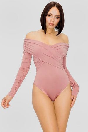 Kylie, Off shoulder satin cross wrap bodysuit