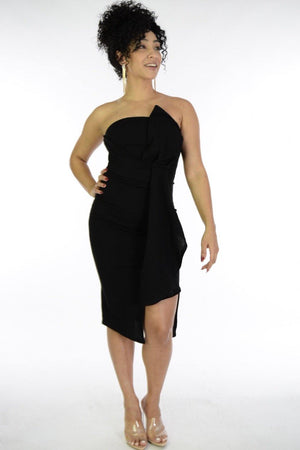 Eva, Black strapples dress with side ruffle & slit - Dimesi Boutique