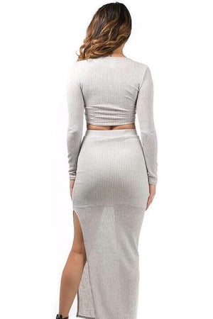 Kim, Salmon knitted set with cross front top and slit on long skirt - Dimesi Boutique