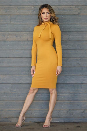 long sleeve dress with side bow neck detailed - Dimesi Boutique