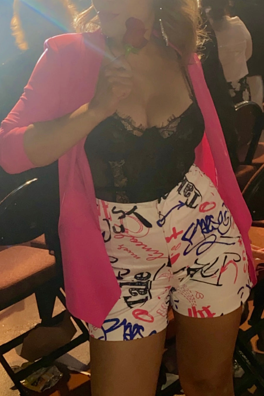 Georgina. High waisted graffiti print shorts.