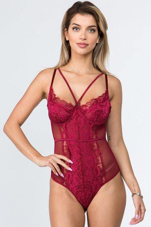 Laura, Plum lace mesh bodysuit with strappy crossed - Dimesi Boutique