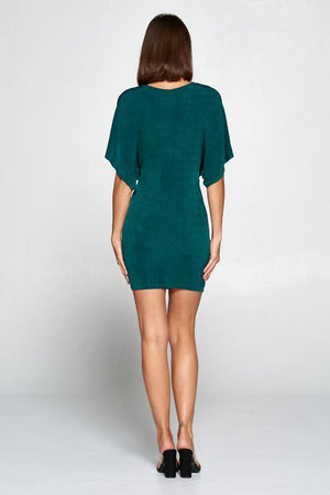 Jazz, Hunter green shiny mini dress with knotted waist - Dimesi Boutique