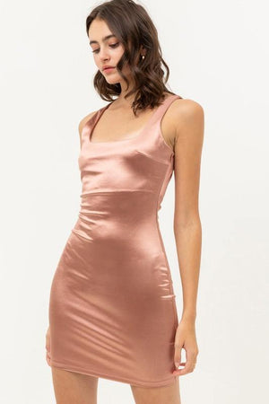 Sasha, Rose Gold Bodycon Satin Square Neck Mini Dress - Dimesi Boutique