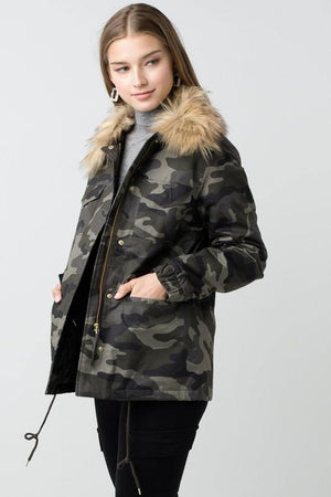 London, Camo Faux Fur Utility Anorak Jacket - Dimesi Boutique