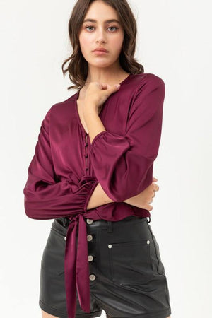 Jamie, Burgundy top with buttoned and knotted silky - Dimesi Boutique