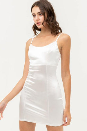 Kaia, White Bodycon Satin Mini Dress With Spaghetti strap - Dimesi Boutique