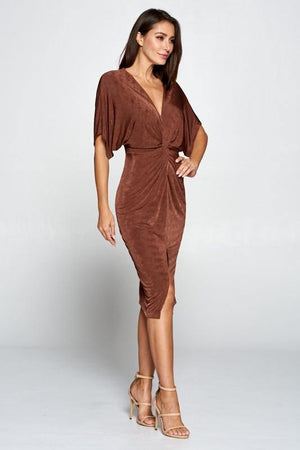 Jazz, Brown shiny midi dress with knotted waist - Dimesi Boutique