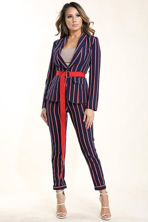 Greta, Belted blazer & Striped suit pants set - Dimesi Boutique