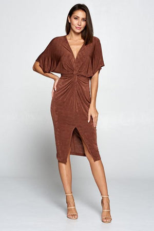 Jazz, Brown shiny midi dress with knotted waist - Dimesi Boutique