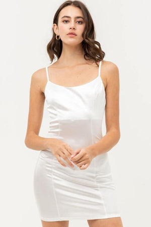 Kaia, White Bodycon Satin Mini Dress With Spaghetti strap - Dimesi Boutique