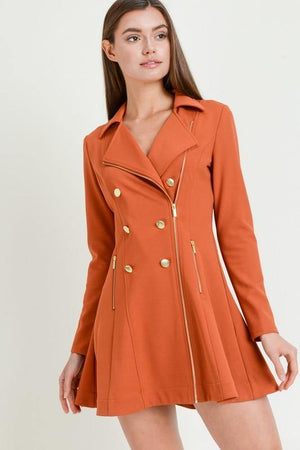 Bella, Rust Zip Up Trench Flared Coat Dress - Dimesi Boutique