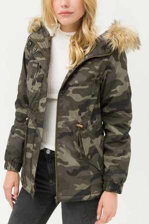 Mercy, Camouflage Pile Lined Faux Fur Hooded Jacket - Dimesi Boutique
