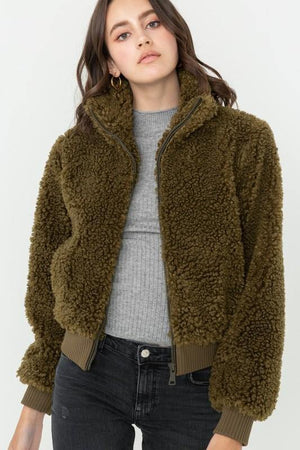 Soft Fur Zip Up Long Sleeve Bomber Jacket - Dimesi Boutique