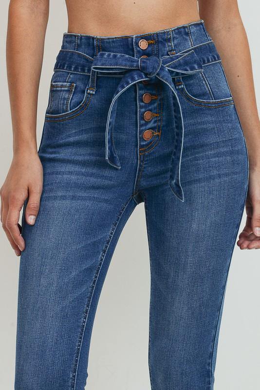 High rise button down skinny jeans with strap - Dimesi Boutique