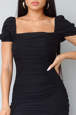 Monica, Ruched puff sleeve mini bodycon dress - Dimesi Boutique