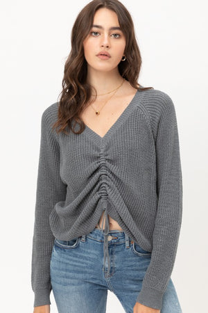 Jade, Glitter shiny ruched front knit sweater