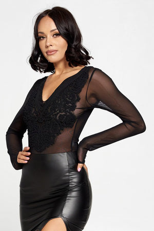 Elizabeth, Long sleeve nylon mesh black bodysuit