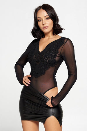 Elizabeth, Long sleeve nylon mesh black bodysuit
