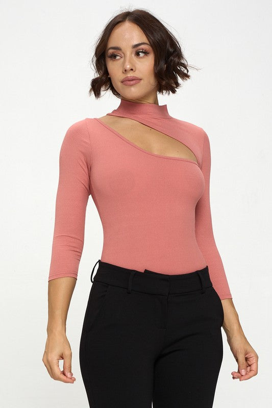 Karen, 3/4 Sleeve bodysuit with cut out ribbed