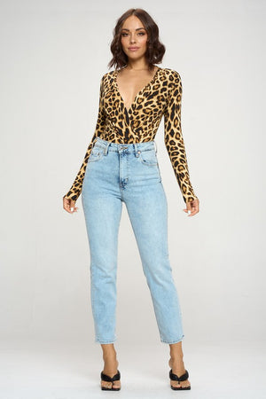 Katy, Long sleeve leopard print cross bodysuit