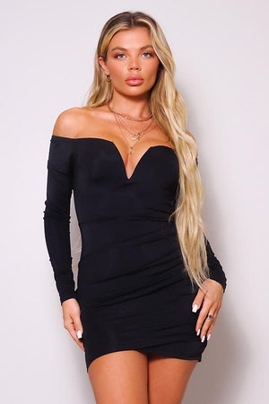 Zaria, Long sleeve off shoulder V front gathered bodycon dress