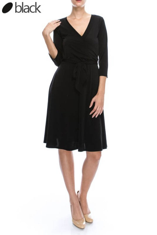 Camila, Knee length front cross solid dress with tie waist