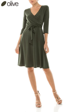 Camila, Knee length front cross solid dress with tie waist