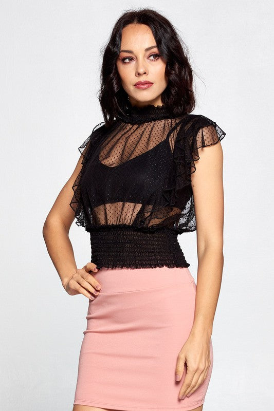 Kelly, Ruffle layered smocked top with polka dot lace