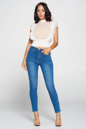 Kelly, Ruffle layered smocked top with polka dot lace