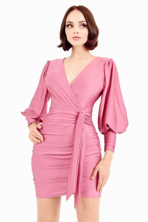 Areli, wrap belted shirred dress