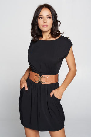 Belinda, Shoulder tab belted dress with pockets