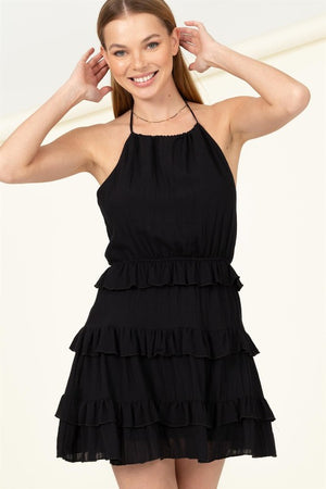 Sonia, Solid halter open back mini dress with ruffle tiered skirt and lining