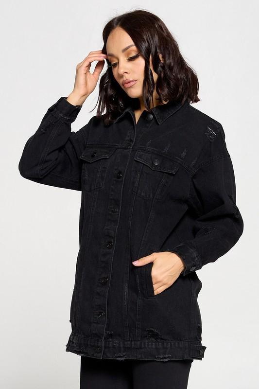BTDECLAR Women's Oversized Denim Jacket Collar Turndown Casual Long  Boyfriend Distressed Jean Button Pocket Denim Outerwear at Amazon Women's  Coats Shop