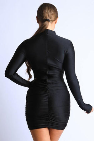 Long sleeve mock neck ruched dress - Dimesi Boutique