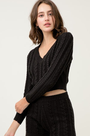 Mabel, Solid cable knit V neck crop top sweater