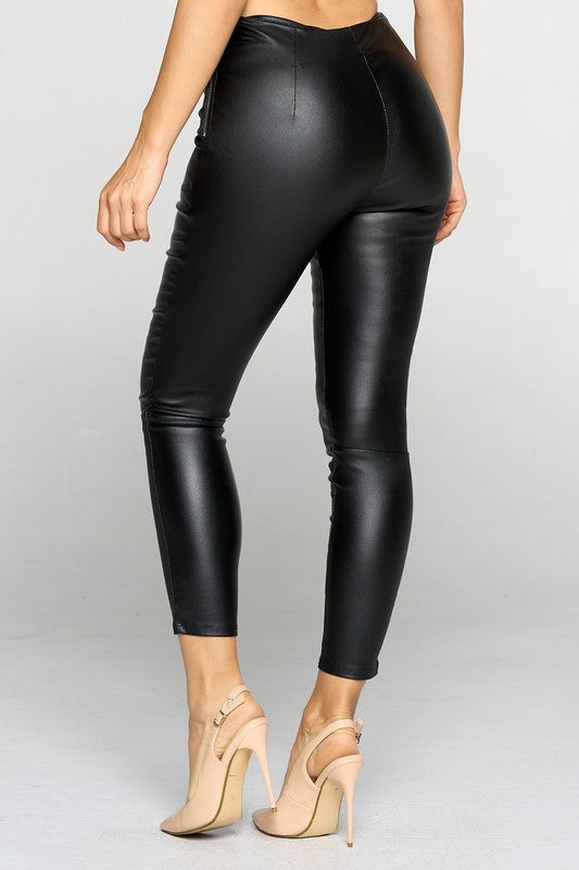 SUZY SHIER Rayon Blend Pull-on Tuxedo Faux Leather Trim Black Leggings -  Large