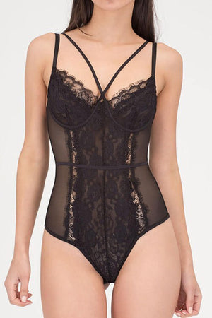 Laura, Black lace mesh bodysuit with strappy crossed - Dimesi Boutique